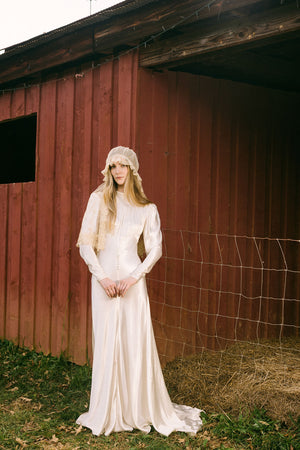 1930s silk satin smocked wedding gown, England