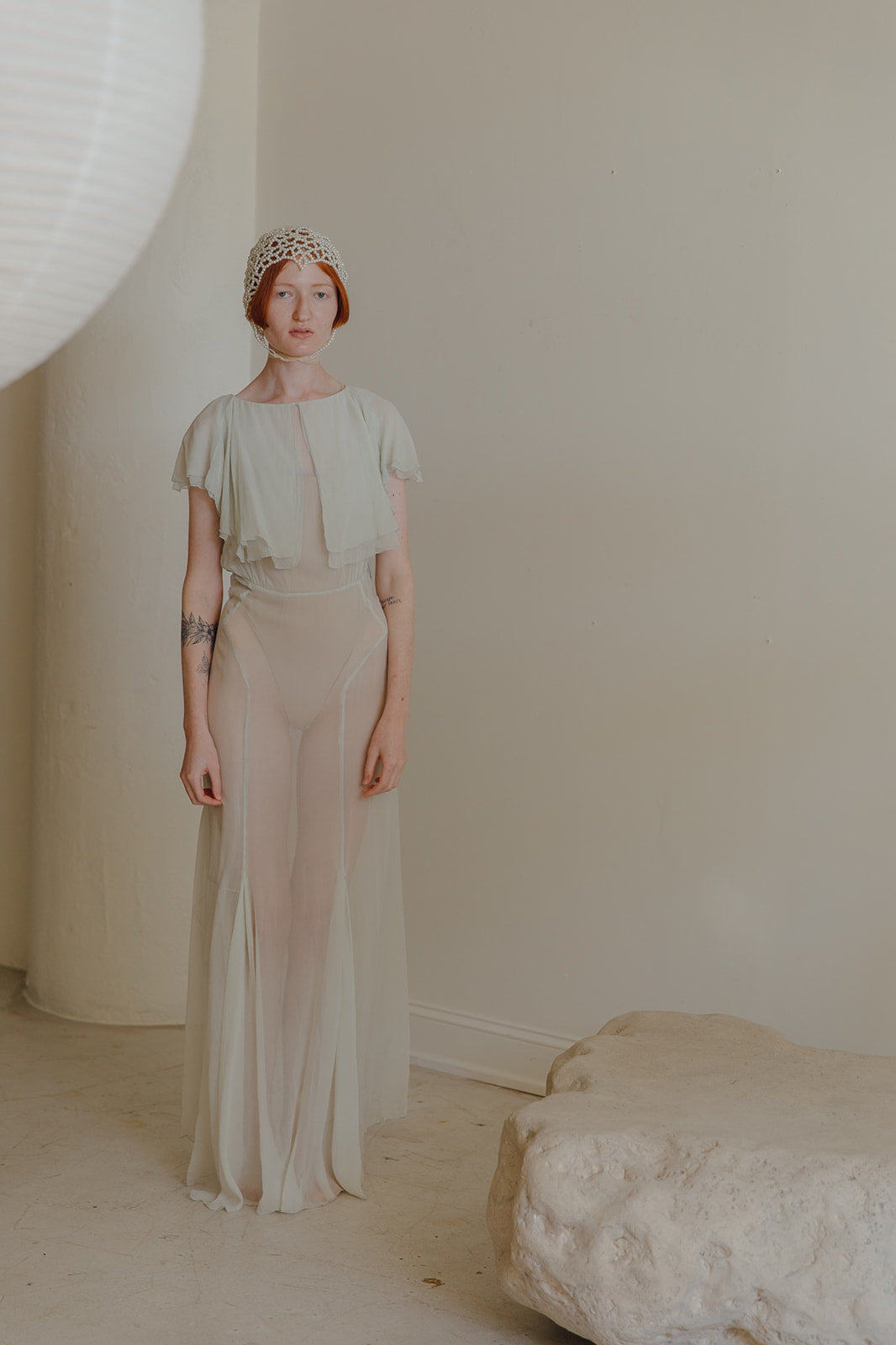 1930s Sea foam Crepe chiffon evening set