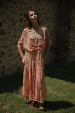 1920s rose motif silk chiffon dress