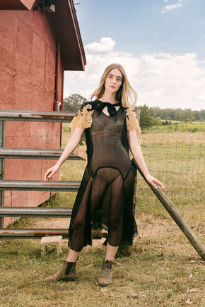 1920s silk chiffon lace capelet dress