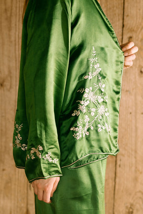 Antique 1920s emerald silk 4 piece chinoiserie set
