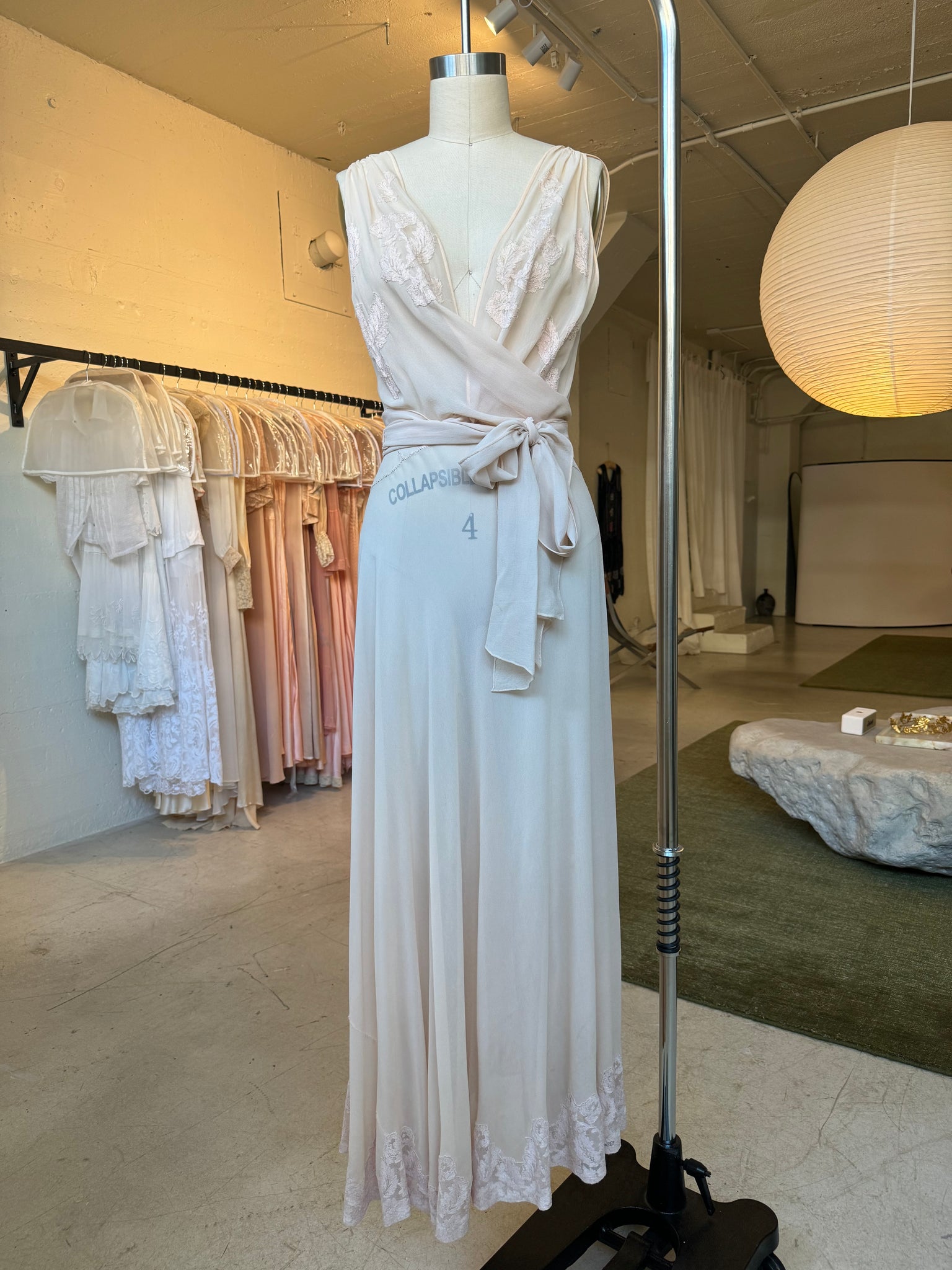 1930s French bias silk appliqué gown