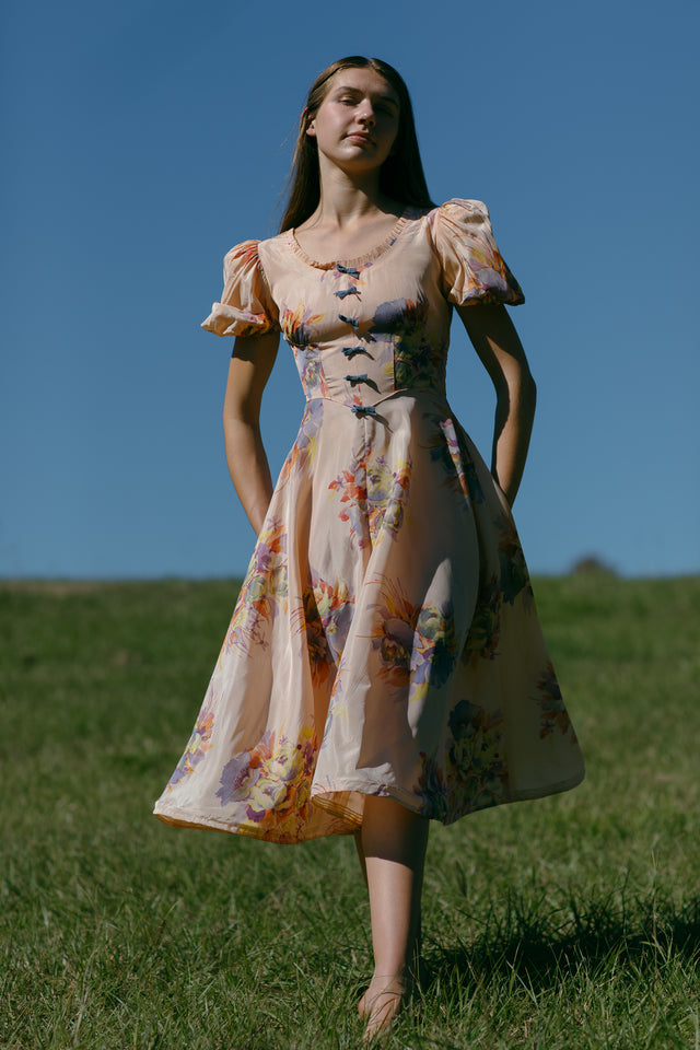 1930s silk taffeta floral bow dress