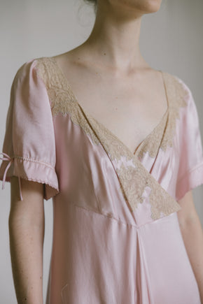 1930s light mauve silk satin lace gown, France