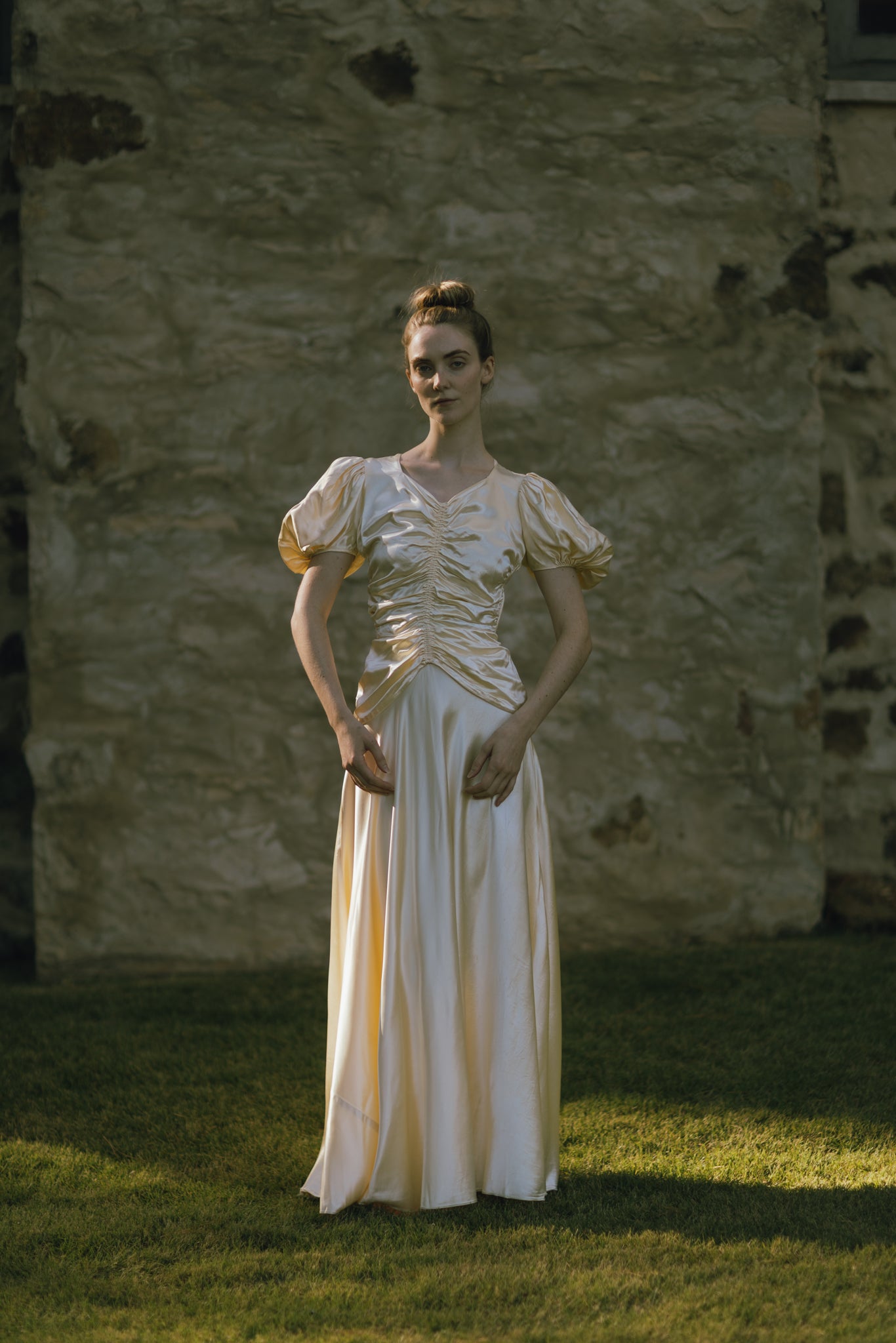 C. 1940s cream puff sleeve wedding gown