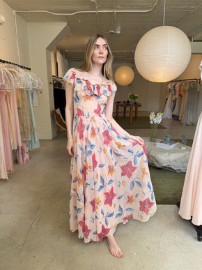 1940s hibsicus print chiffon ruffled gown
