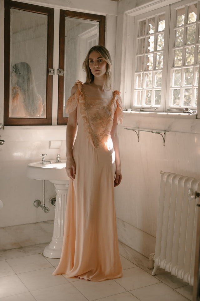 1930s cold shoulder silk lace gown, France