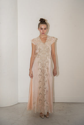 1930s French lace silk floor length gown