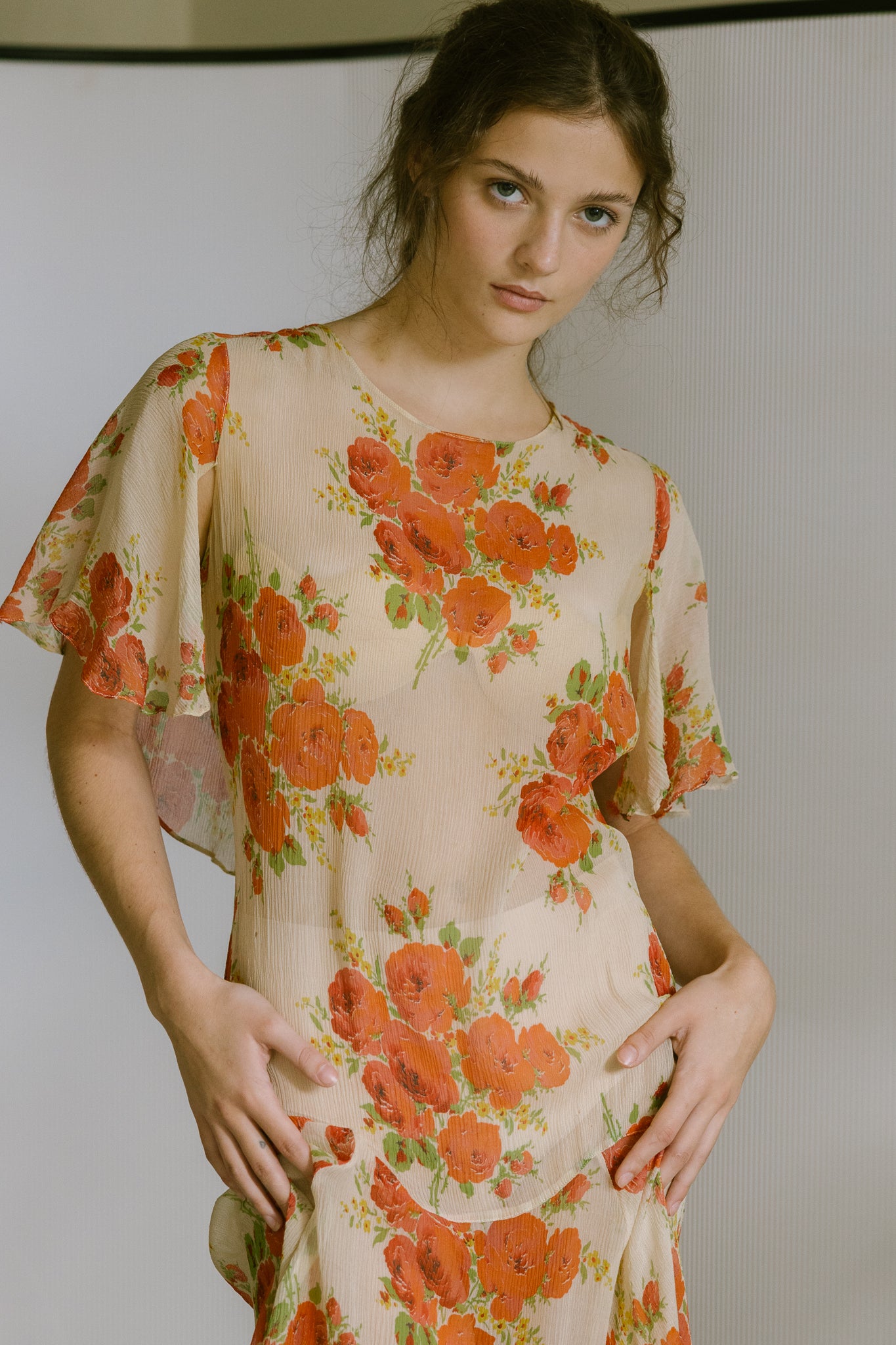 1920s silk chiffon floral capelet dress