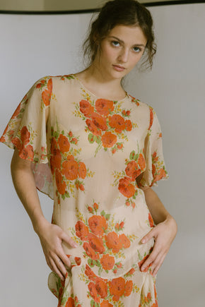 1920s silk chiffon floral capelet dress