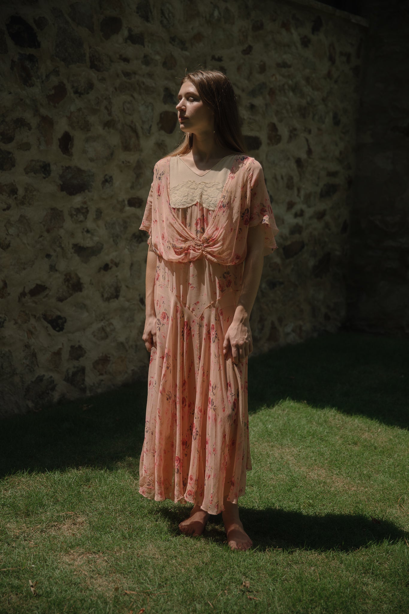 1920s rose motif silk chiffon dress