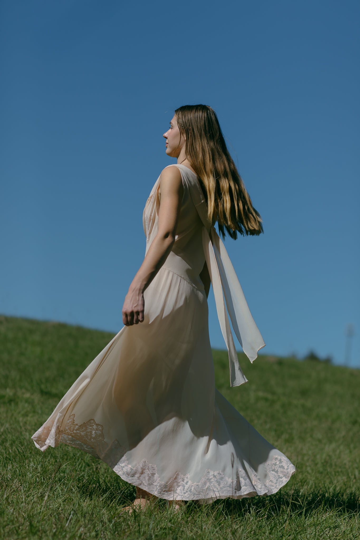 1930s French bias silk appliqué gown