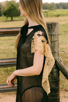 1920s silk chiffon lace capelet dress