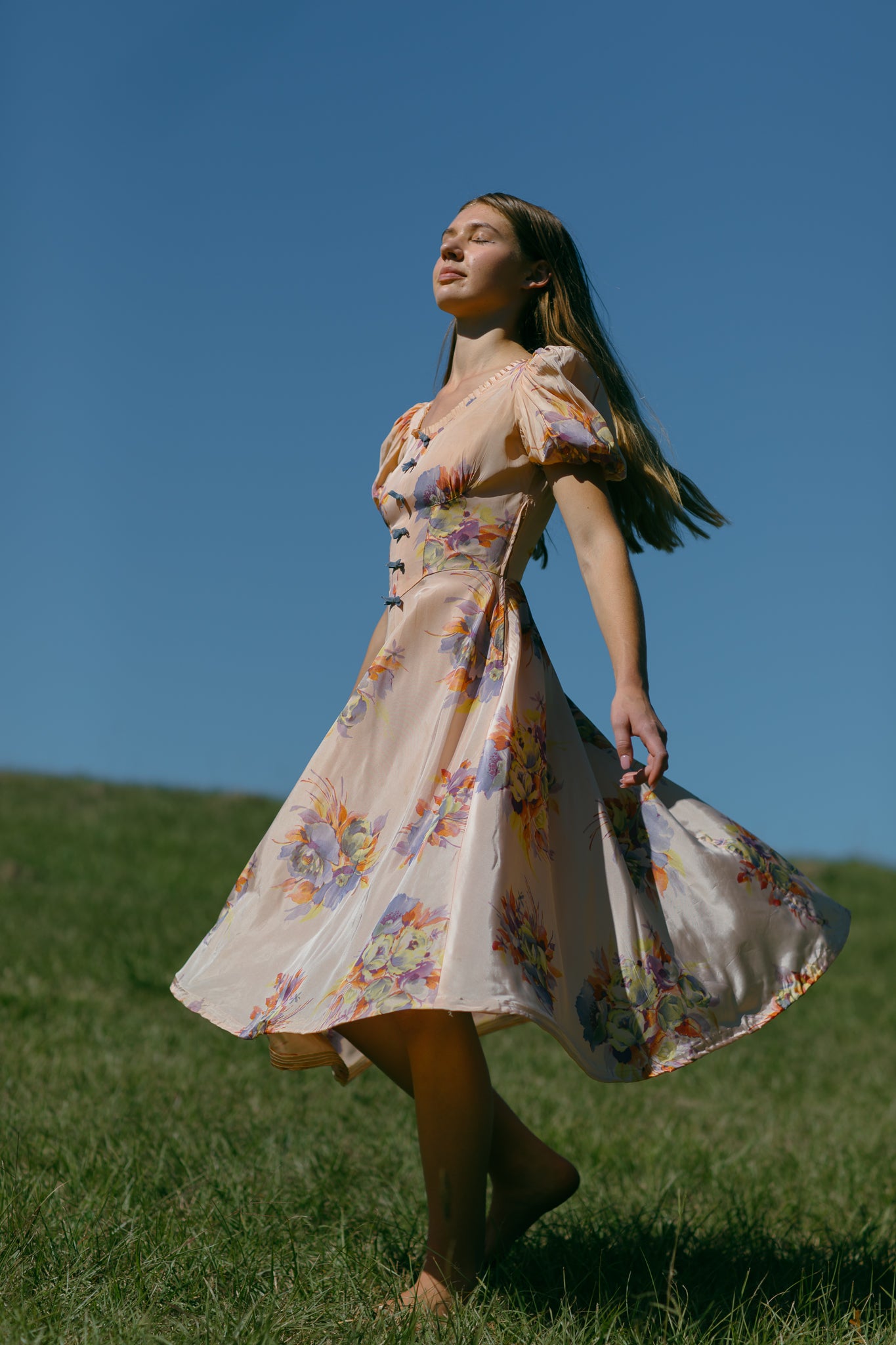 1930s silk taffeta floral bow dress