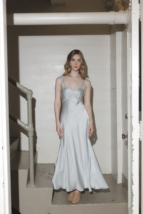 1930s French blue silk scalloped bow gown, France