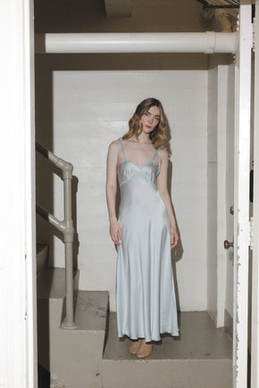 1930s French blue silk scalloped bow gown, France
