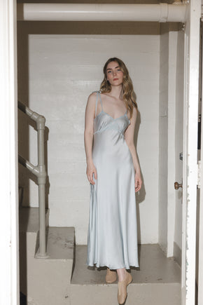 1930s French blue silk scalloped bow gown, France