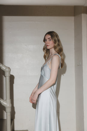 1930s French blue silk scalloped bow gown, France