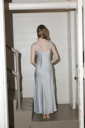 1930s French blue silk scalloped bow gown, France