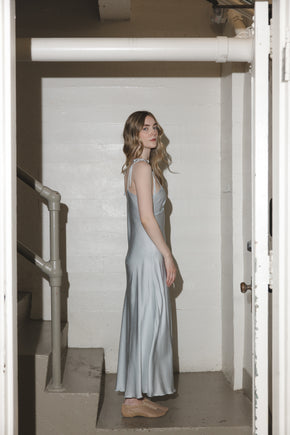 1930s French blue silk scalloped bow gown, France