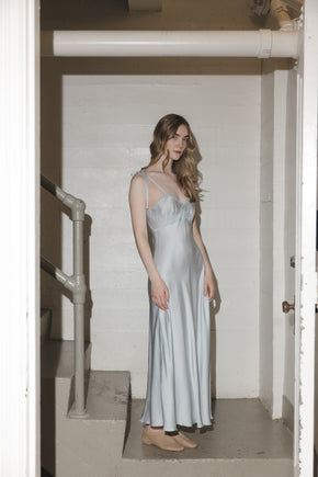 1930s French blue silk scalloped bow gown, France