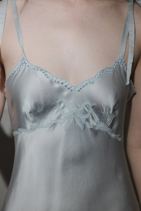 1930s French blue silk scalloped bow gown, France