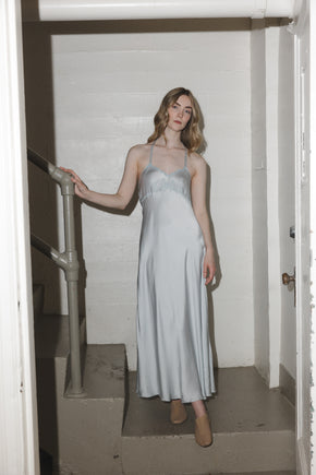 1930s French blue silk scalloped bow gown, France