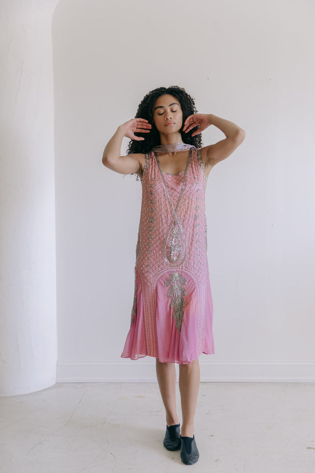 1920s pink silk beaded flapper dress