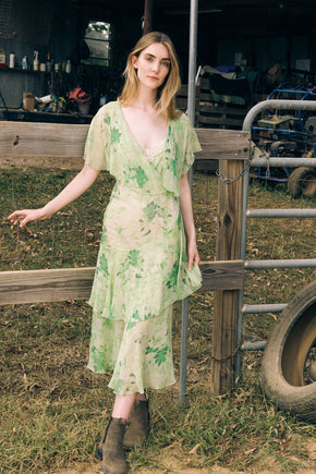 1920s green floral silk chiffon gown