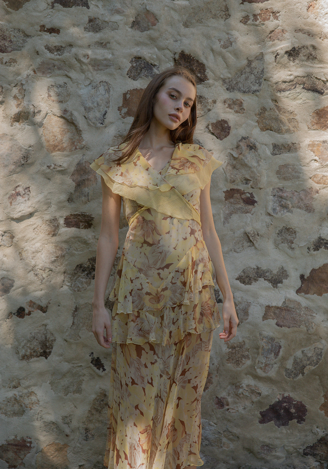 1930s yellow floral silk chiffon dress