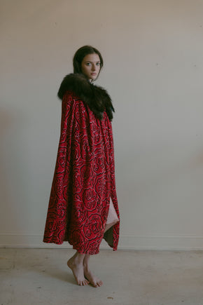 1920s panne silk velvet magenta cape with fox fur