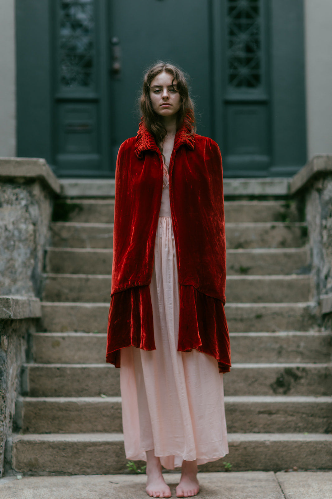1920s red silk velvet evening cape
