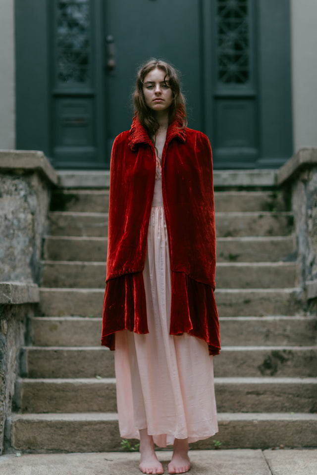 1920s red silk velvet evening cape
