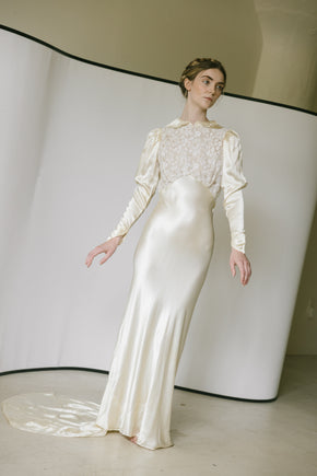 1930s European silk lace wedding gown