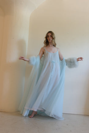 1960s powder blue Lucie Ann ostrich peignoir set