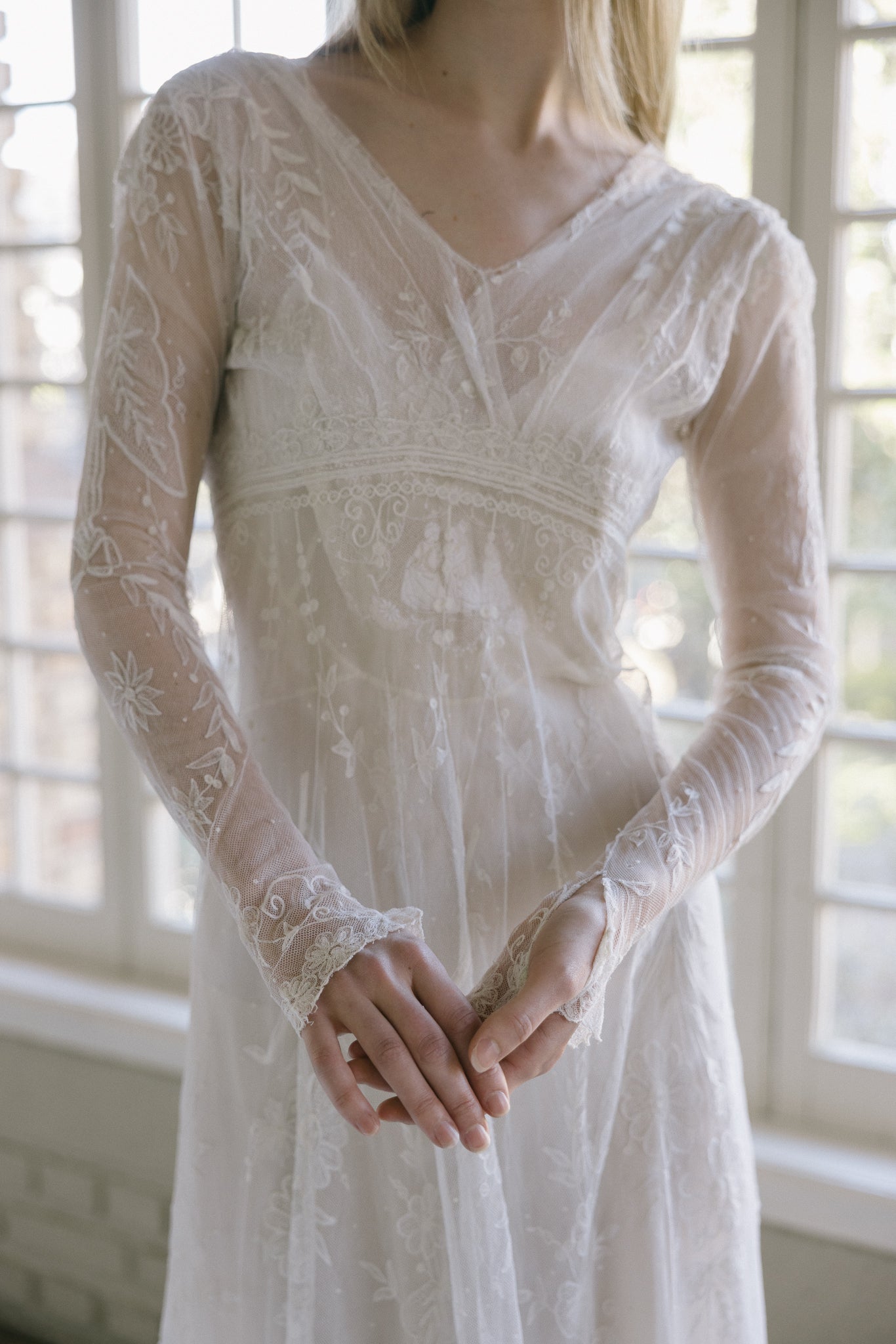 19th century tambour lace wedding coat gown