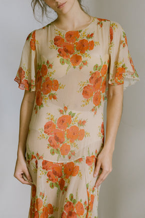 1920s silk chiffon floral capelet dress