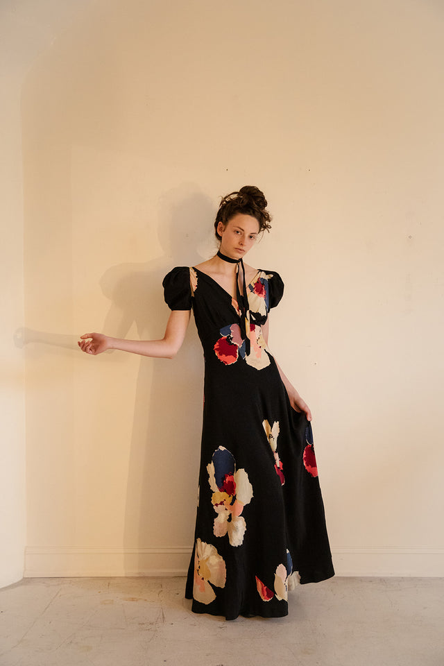 1930s bias silk puff sleeve gown