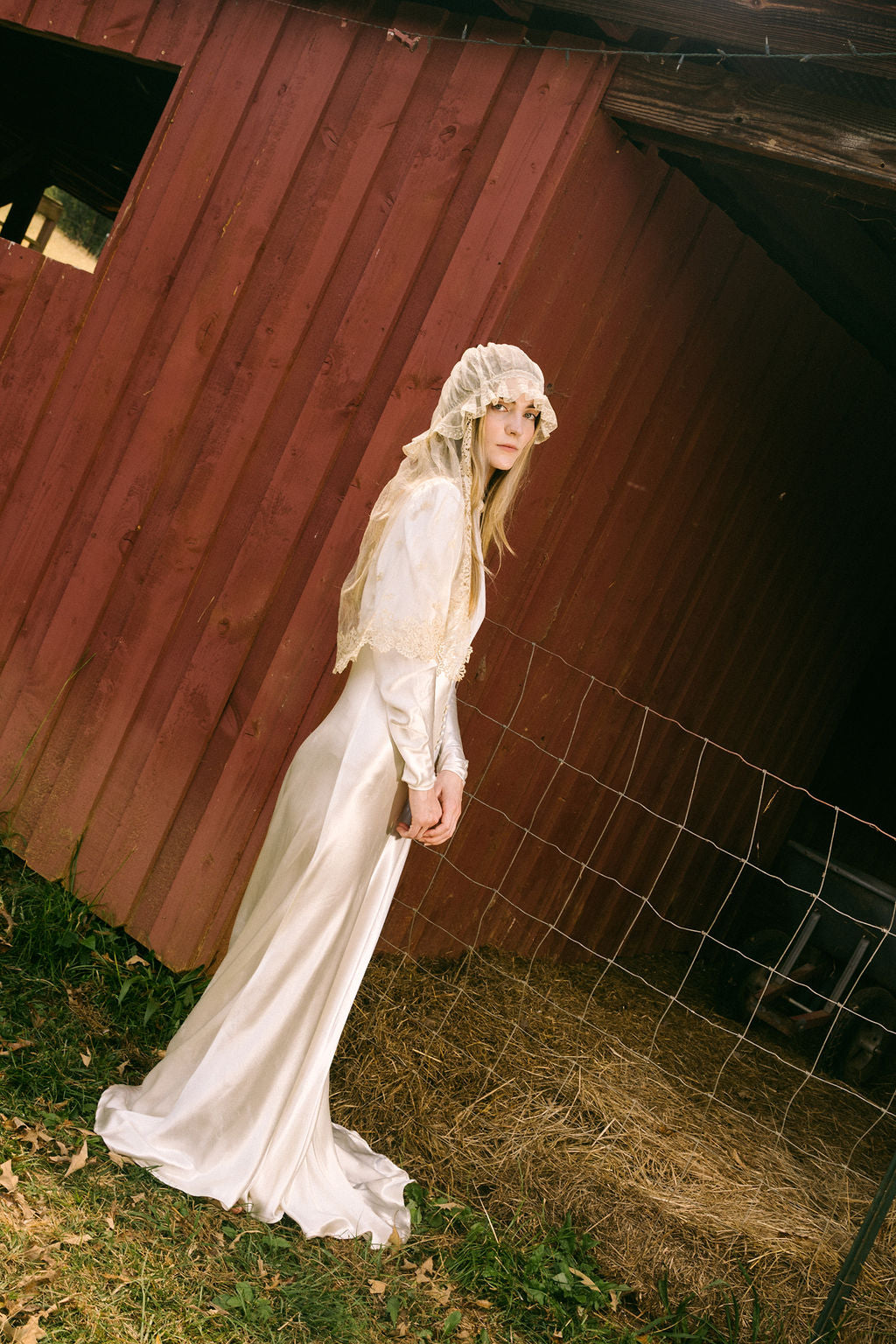 1930s silk satin smocked wedding gown, England
