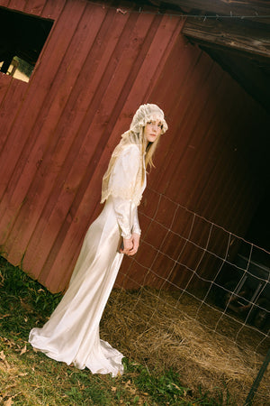 1930s silk satin smocked wedding gown, England