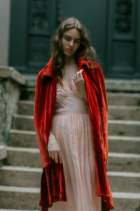 1920s red silk velvet evening cape
