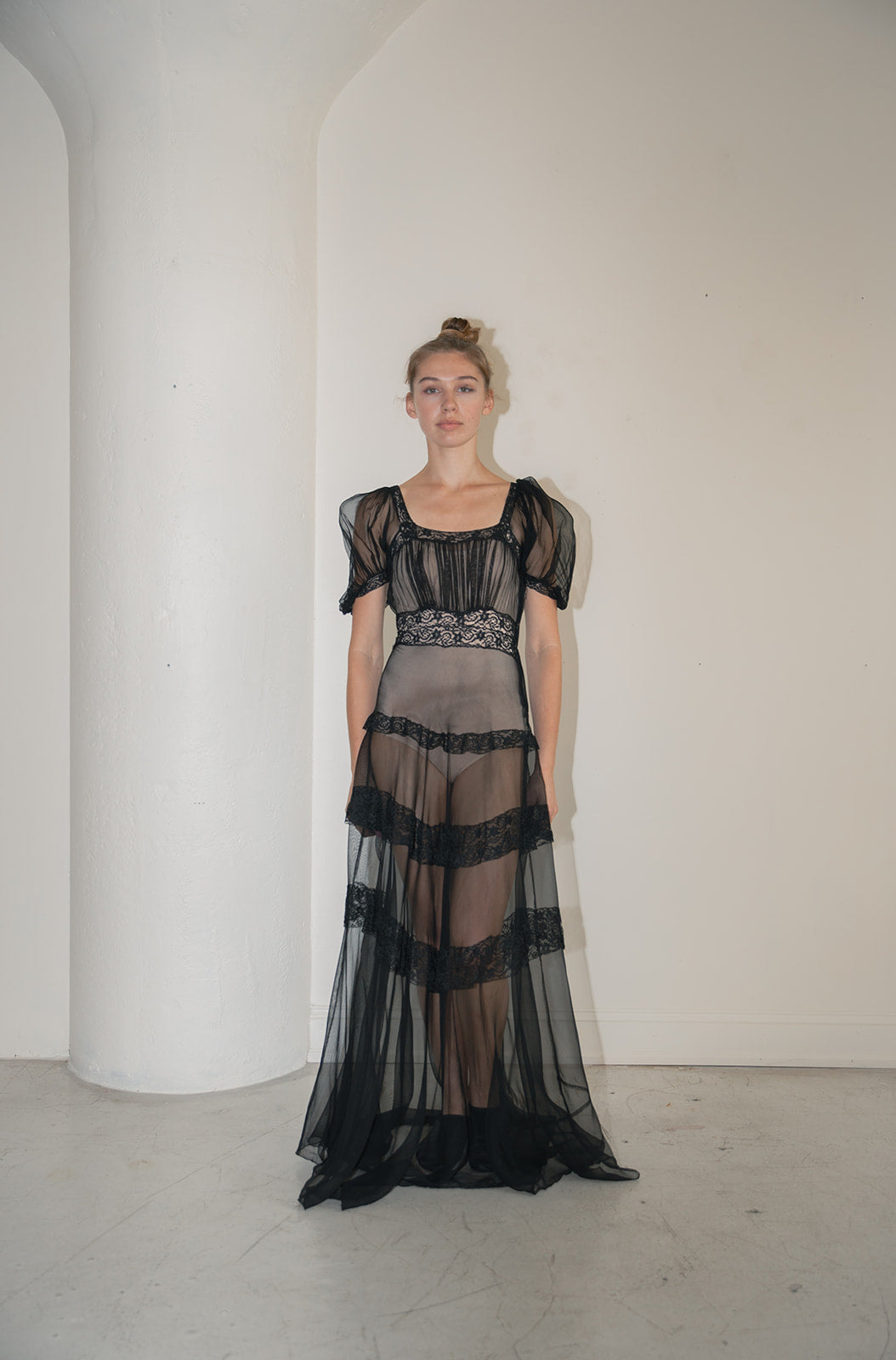 1930s chiffon lace puff sleeve gown – Devore Vintage