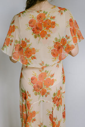 1920s silk chiffon floral capelet dress
