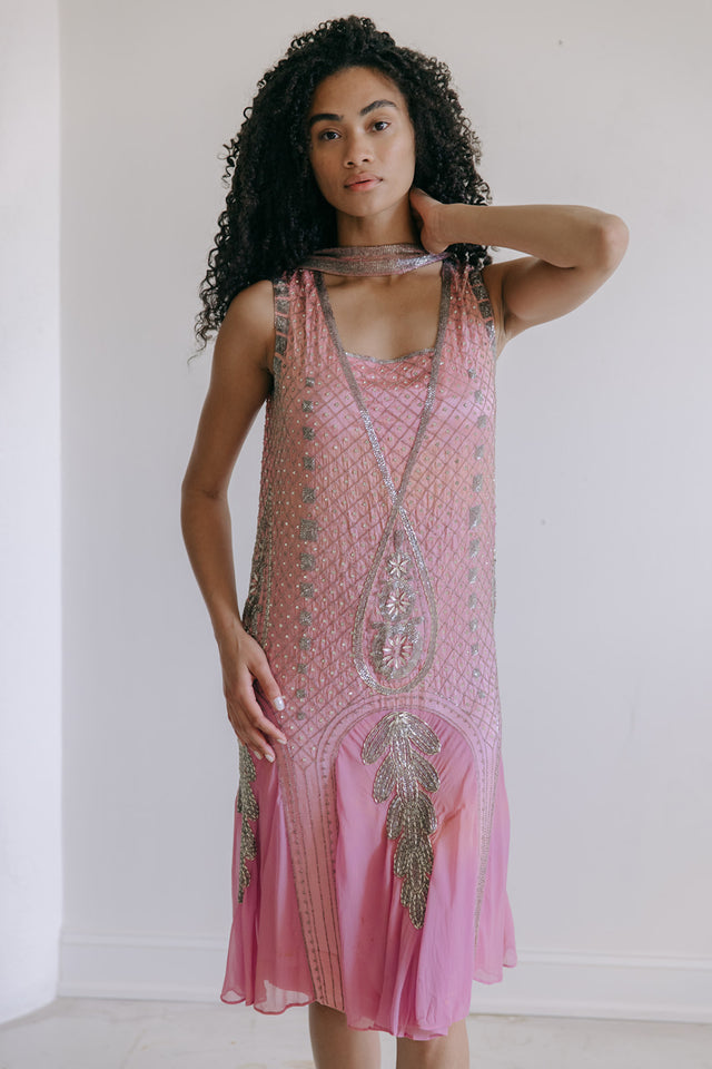 1920s pink silk beaded flapper dress