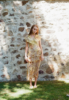 1930s yellow floral silk chiffon dress