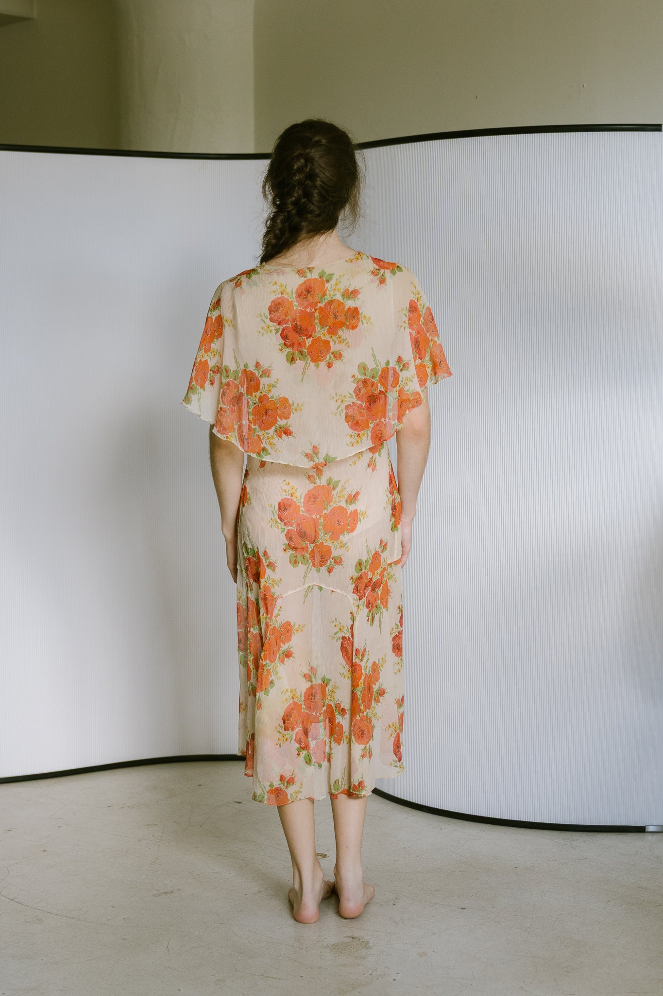 1920s silk chiffon floral capelet dress