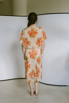 1920s silk chiffon floral capelet dress