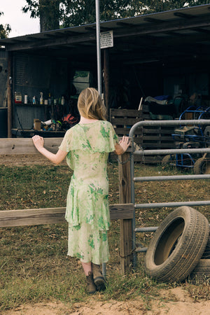 1920s green floral silk chiffon gown