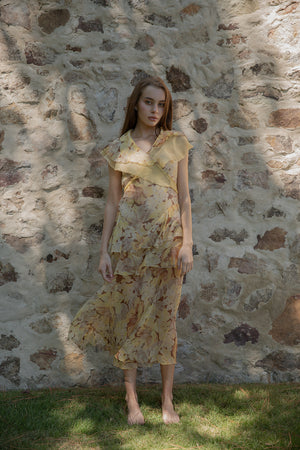 1930s yellow floral silk chiffon dress