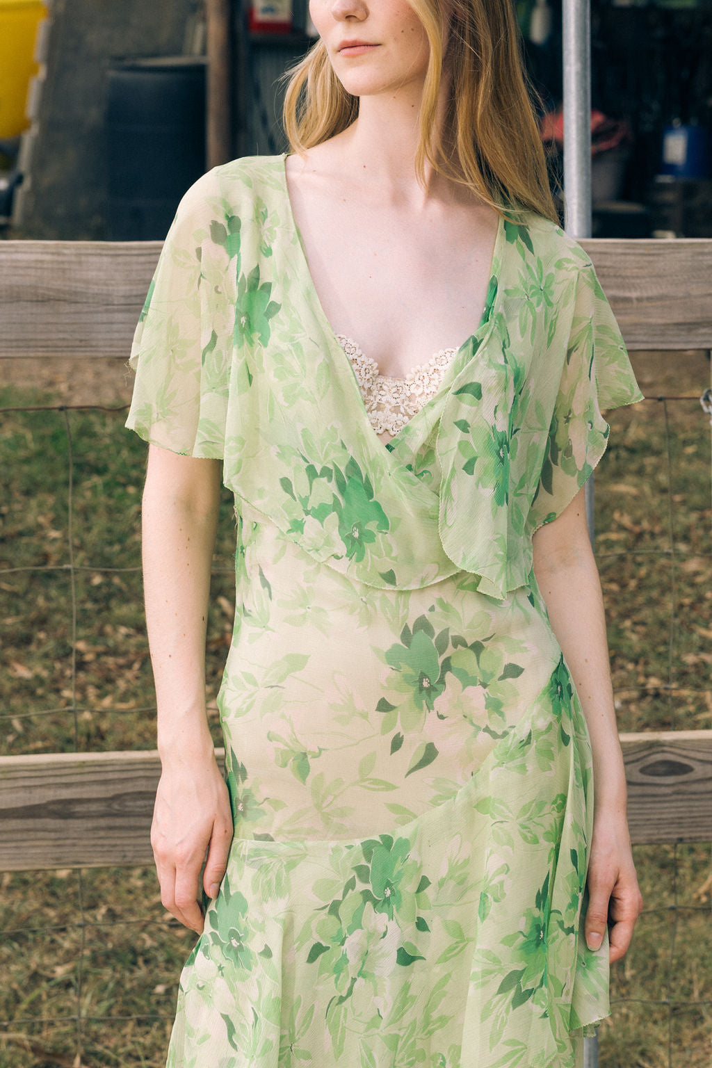 1920s green floral silk chiffon gown